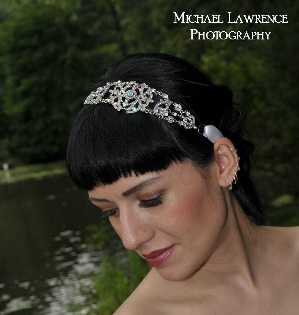 Michelle - Large Vintage Style Silver Jeweled Ribbon Headband