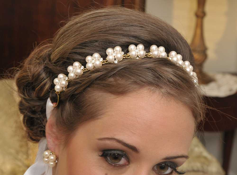 Amanda - Stunning Gold Swarovski Crystal And Pearl Ribbon Headband