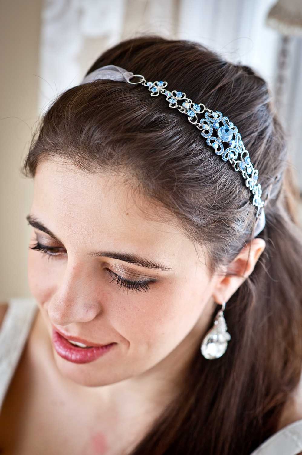 Sophia - Vintage Style Rhinestone Ribbon Headband - Sapphire Light Blue